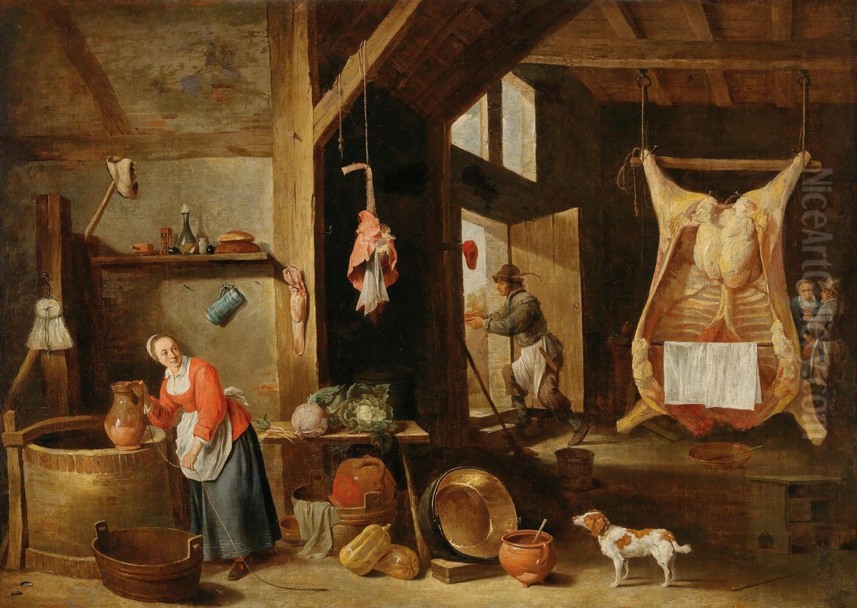 An interior of a barn with a scullery maid at a well Oil Painting by David Teniers the Younger