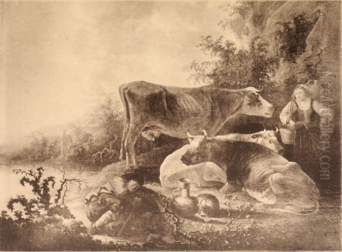 Cows at Pasture, with a Milkmaid and a Sleeping Herdsman Oil Painting by Aelbert Cuyp