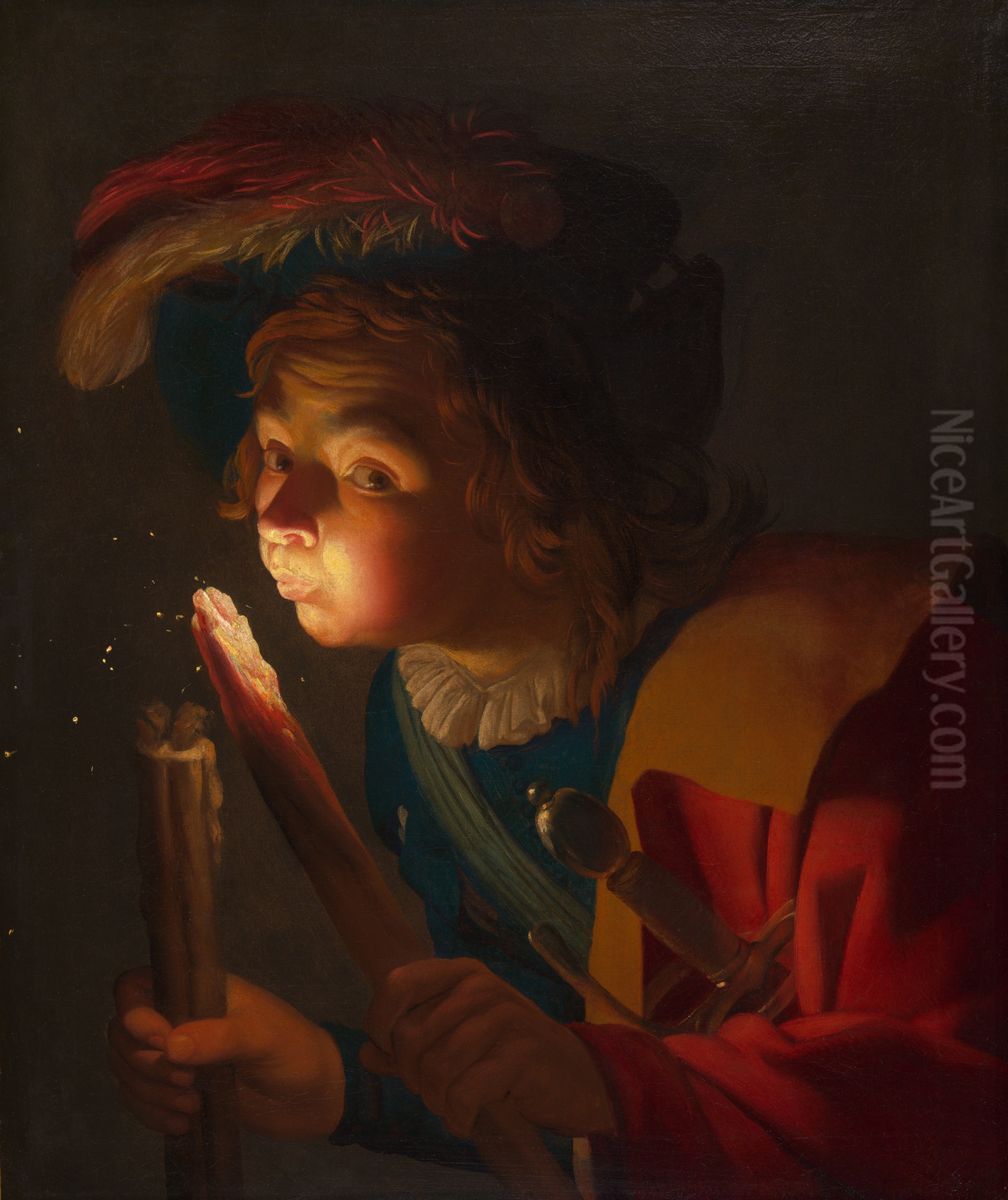 Boy blowing on an firebrand Oil Painting by Gerard van Honthorst