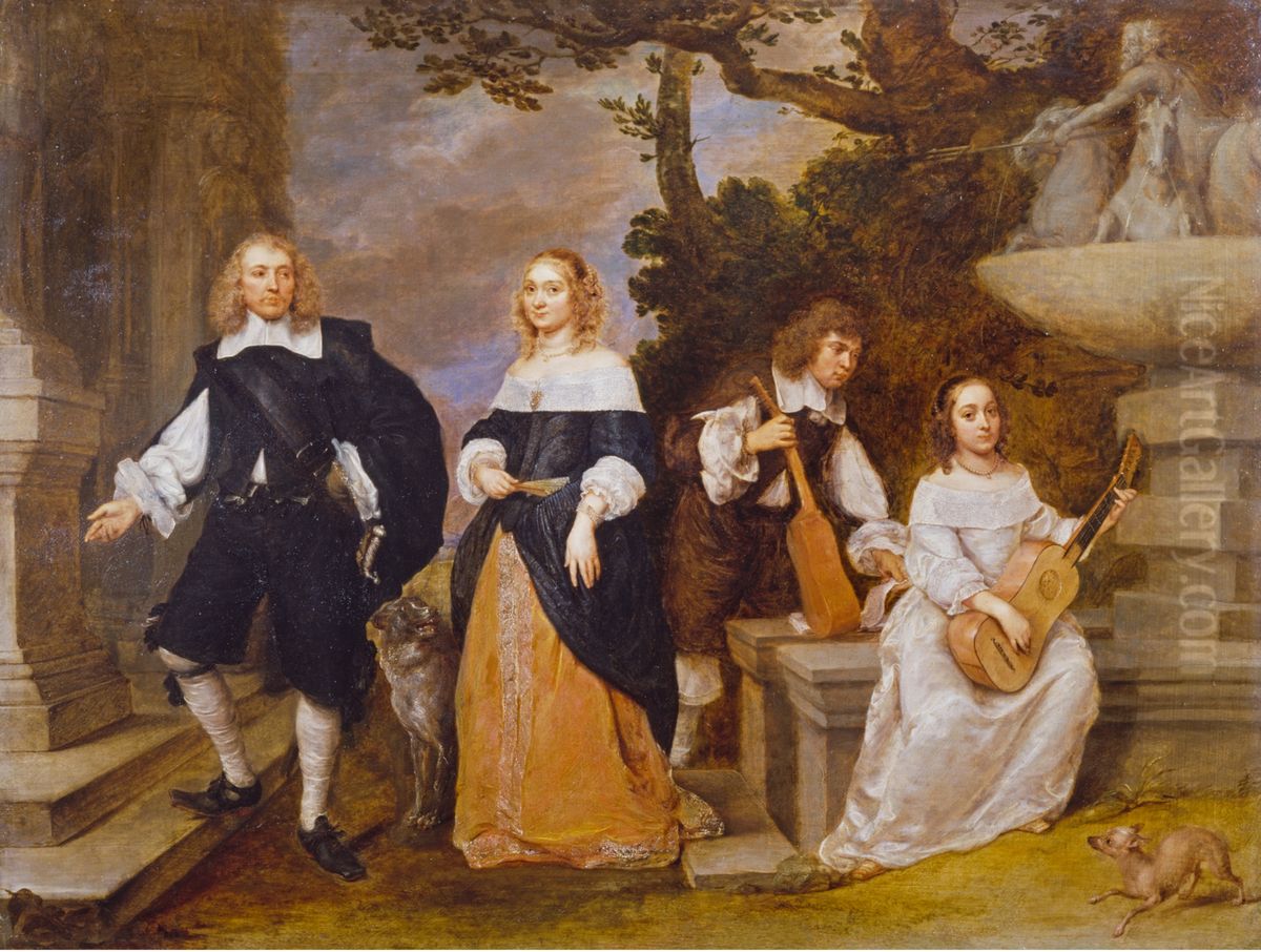 A Family Group by a Fountain Oil Painting by Gonzales Coques
