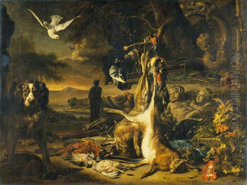 Hares and Pheasant at a Fountain with a Dog Oil Painting by Jan Weenix