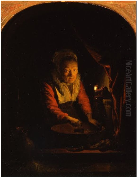 Old Woman in a Window chopping Onions Oil Painting by Gerrit Dou
