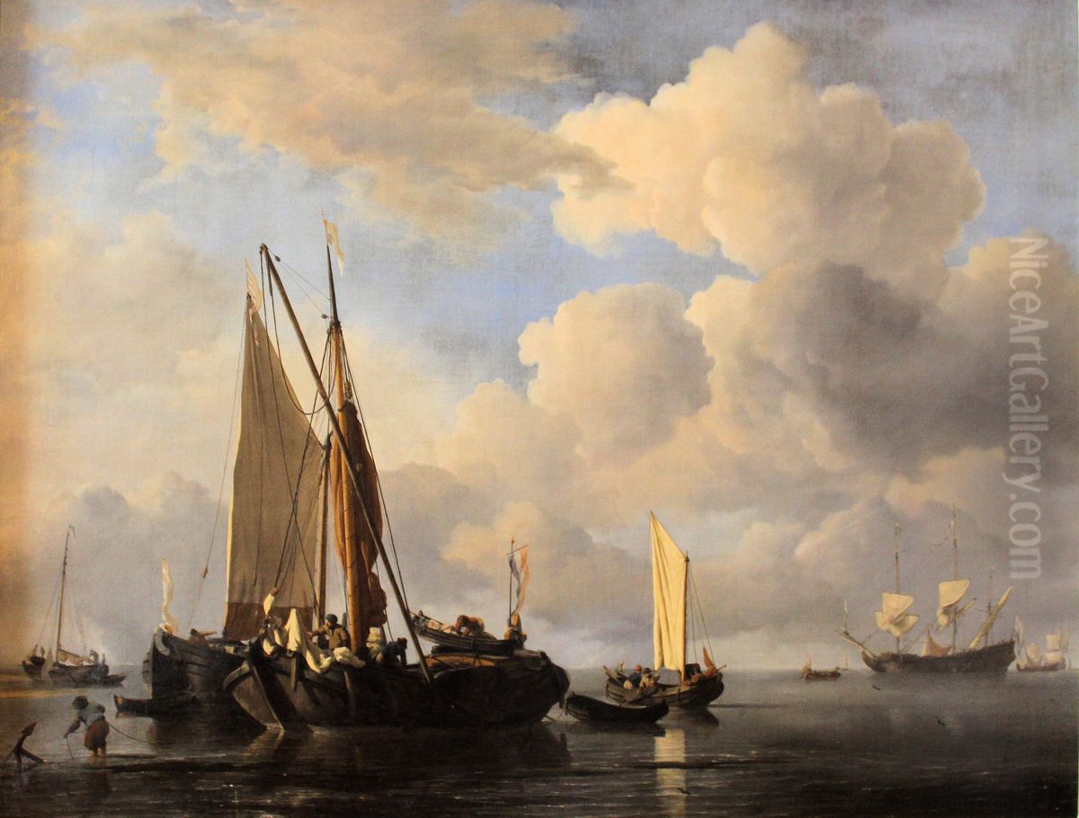 Fishing Boats In-shore in a Calm Sea Oil Painting by Willem van de Velde the Younger
