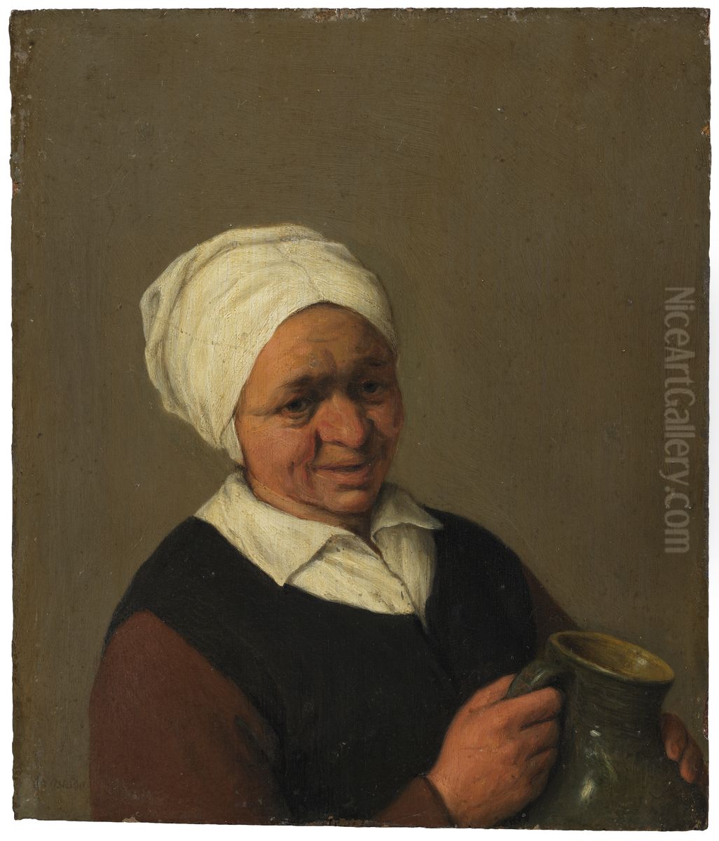 Bust of an Old Peasant Woman Holding a Jug Oil Painting by Adriaen van Ostade