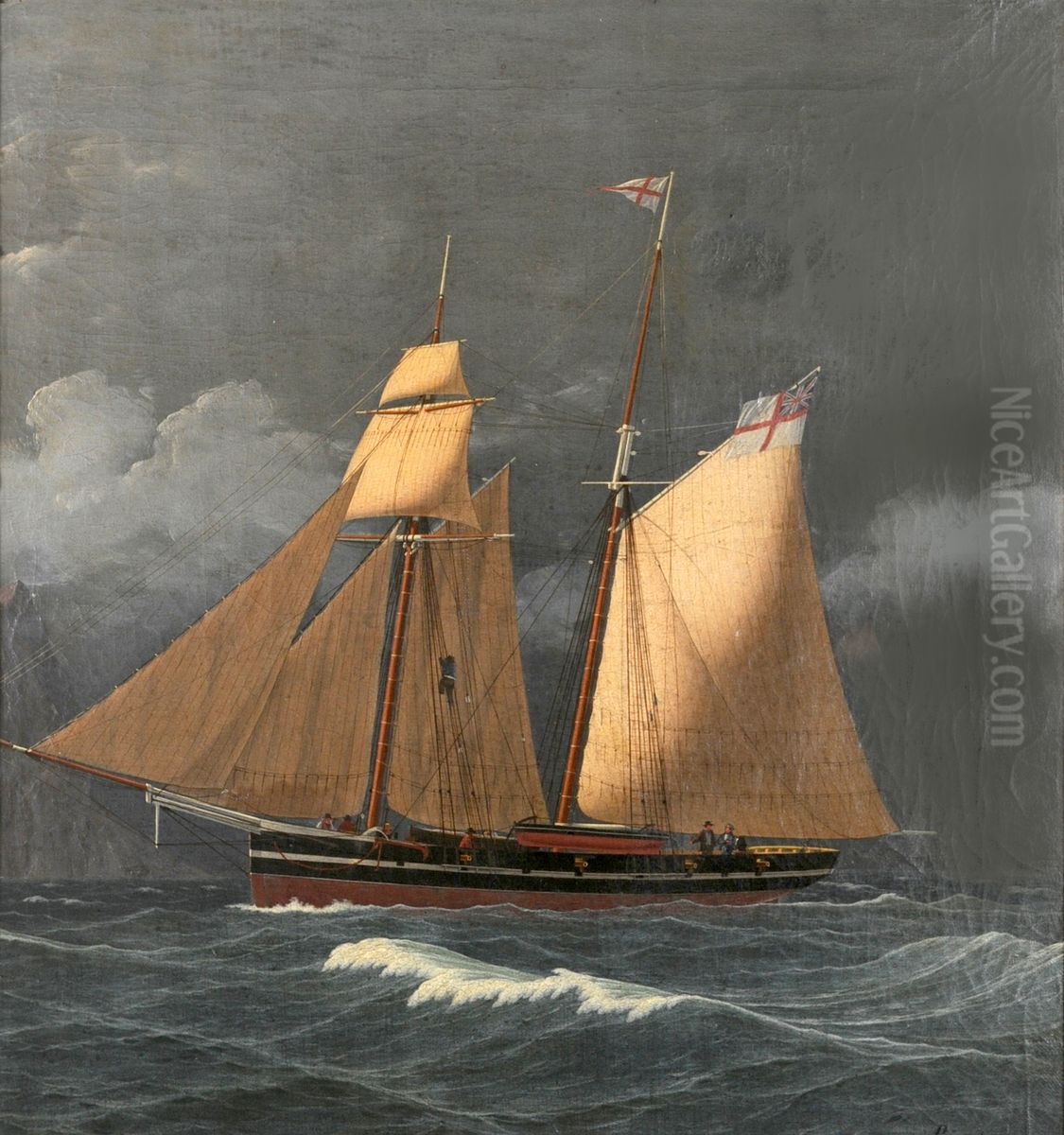 Two-masted schooner off Gibraltar Oil Painting by Julius Prommel