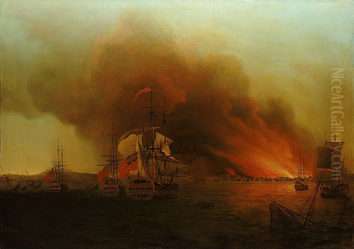 Taking and destruction of the port of Paita in 1741 by the squadron of George Anson. Oil Painting by Samuel Scott