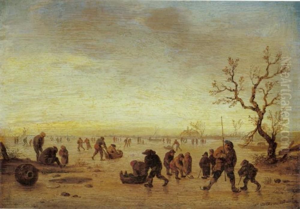 Eislandschaft mit Schlittschuhlaufern Oil Painting by Isaac Van Ostade