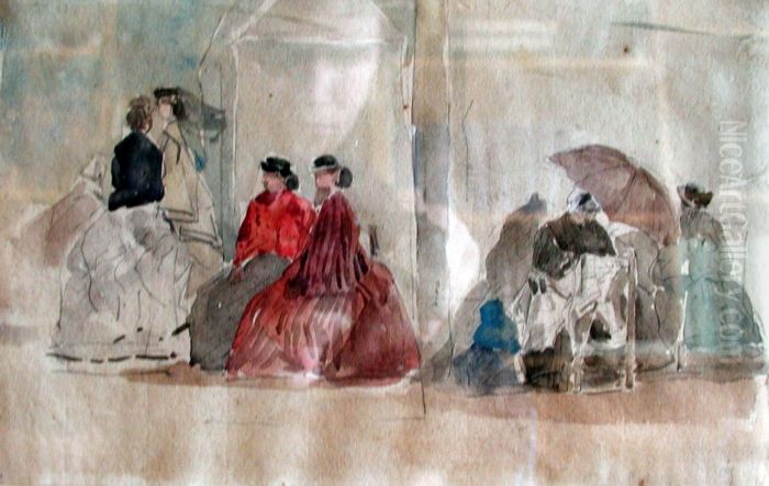 Figures on Beach in front of Bathing Huts Oil Painting by Eugene Louis Boudin