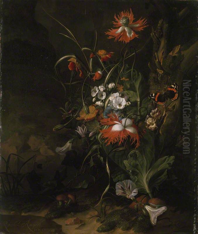 A 'Forest Floor' Still Life of Flowers Oil Painting by Rachel Ruysch