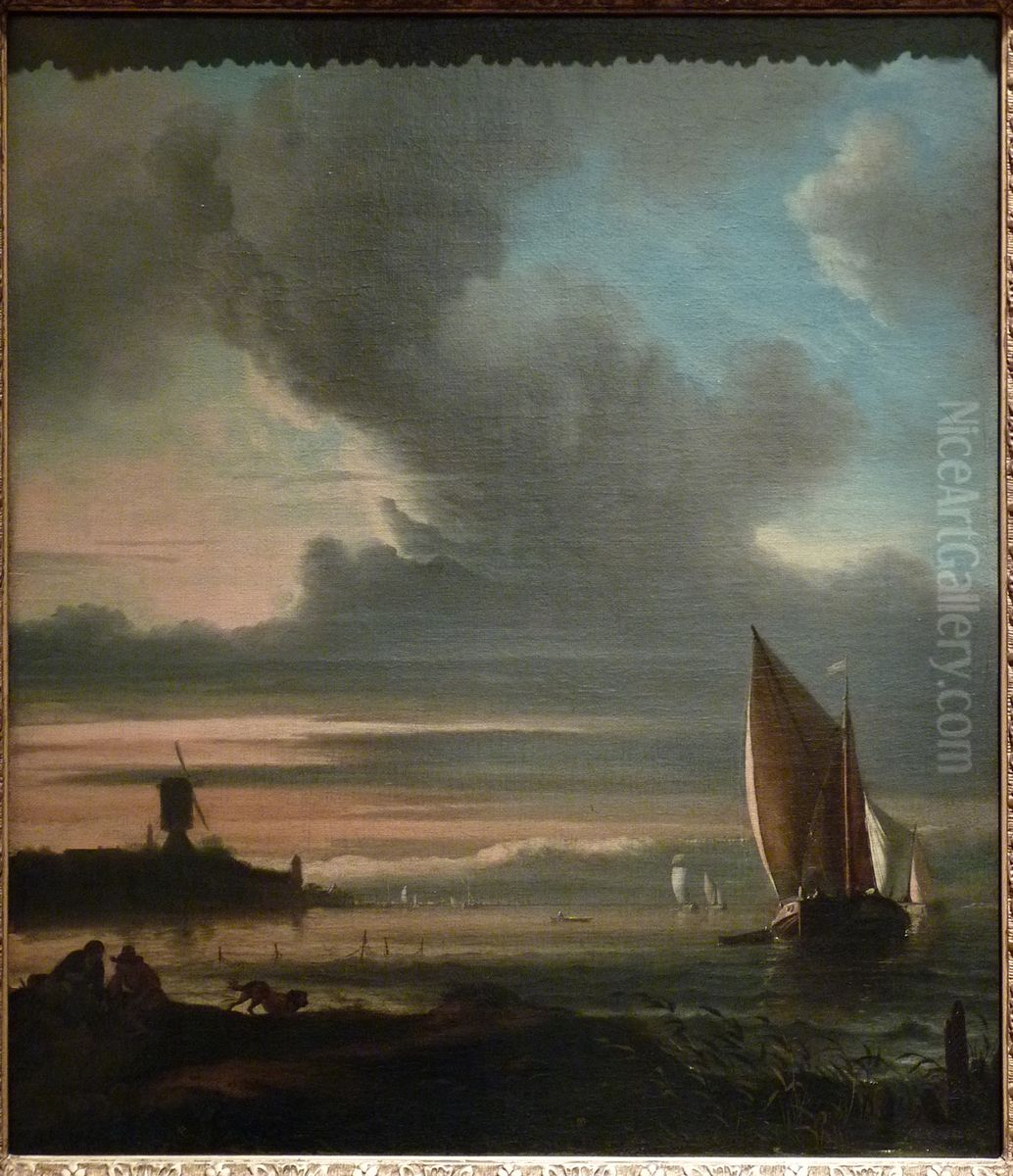 Meeresufer mit Segelbooten und Windmuhle Oil Painting by Ludolf Bakhuizen