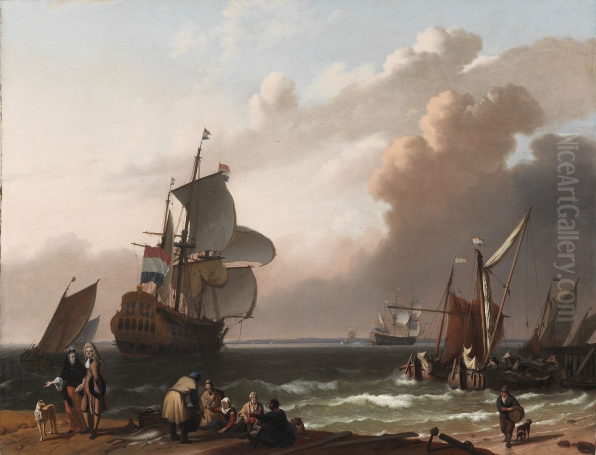 Coastal Scene with a Man-of-War and other Vessels Oil Painting by Ludolf Bakhuizen