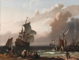 Coastal Scene with a Man-of-War and other Vessels