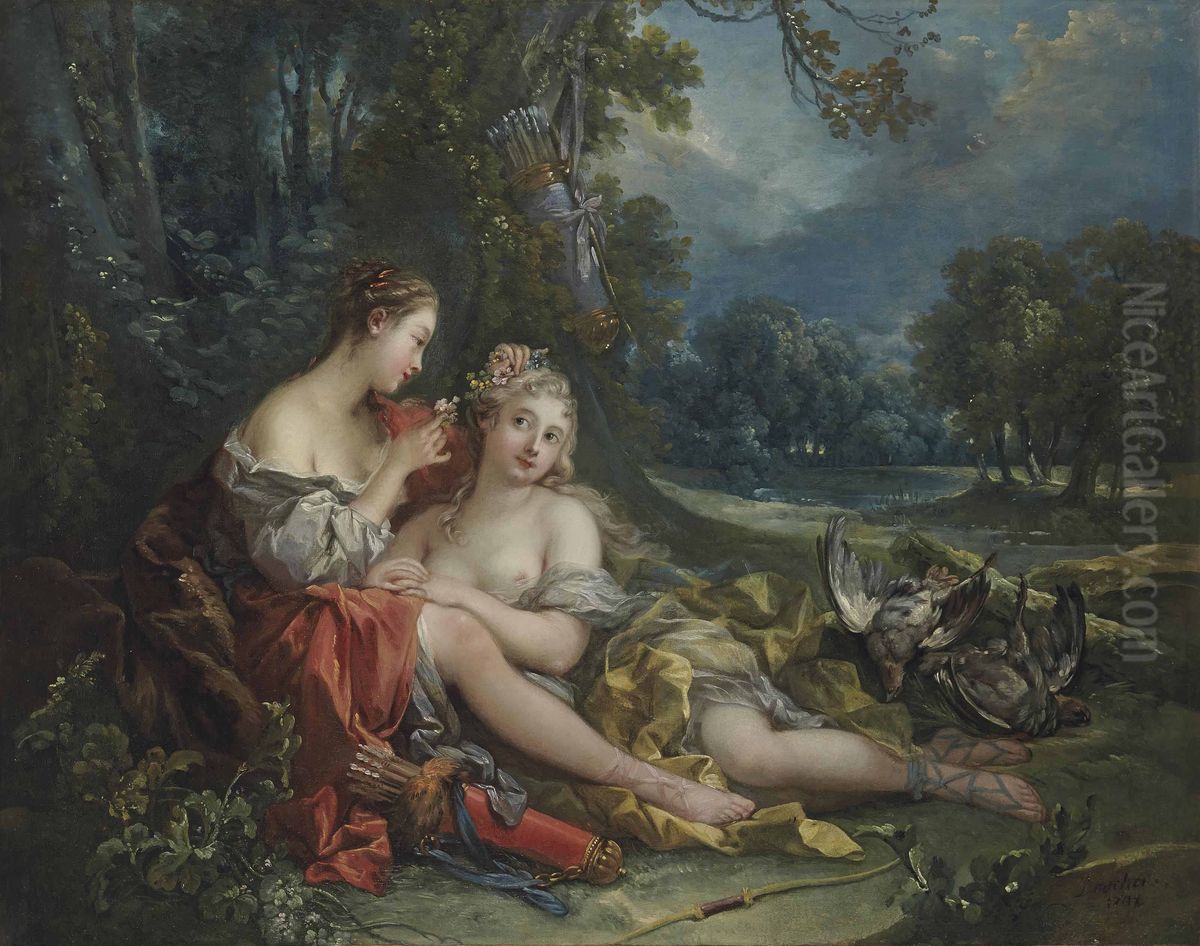 Two Nymphs of Diana resting after their Return from the Hunt Oil Painting by Francois Boucher