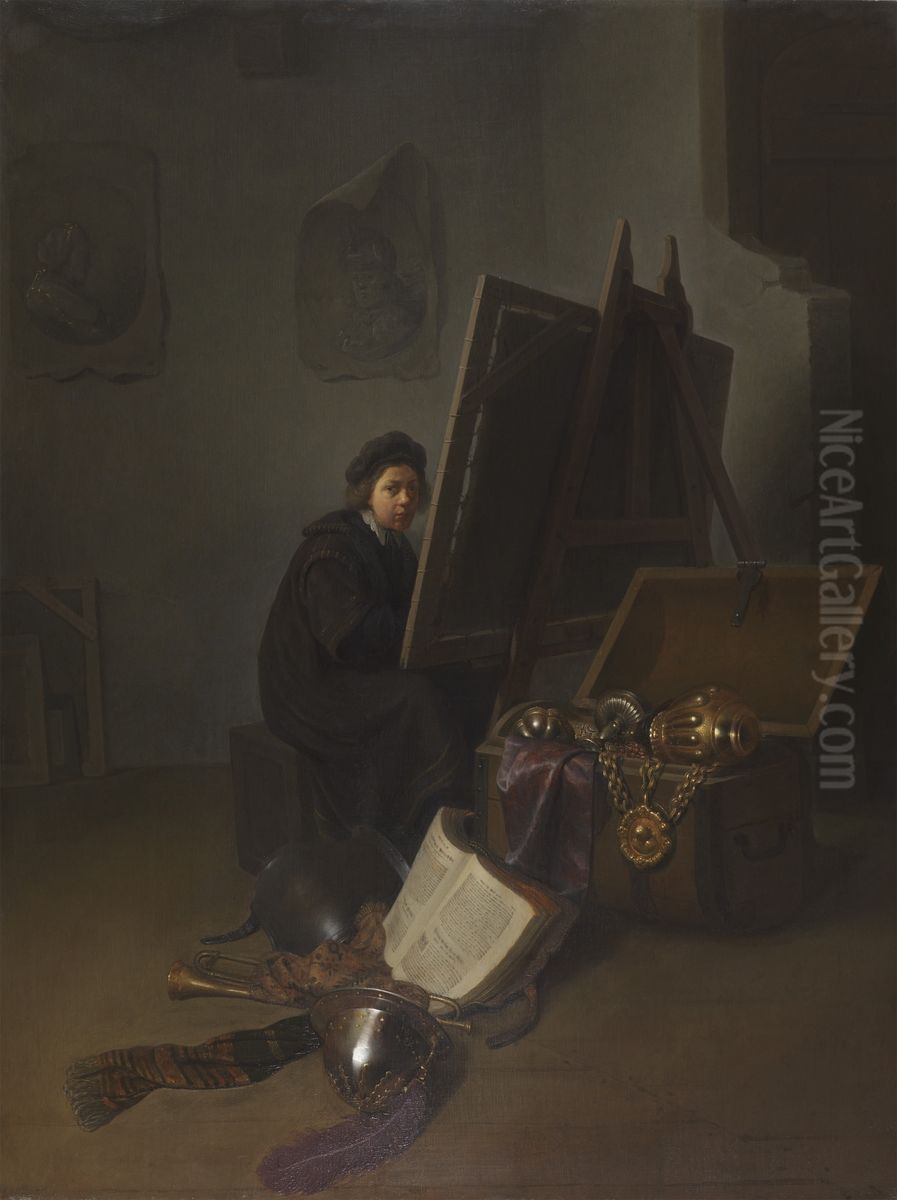 Self-Portrait (?) at an Easel Oil Painting by Gerrit Dou