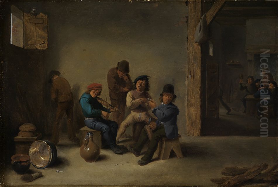 Fighting and smoking farmers in a tavern Oil Painting by David Teniers the Younger