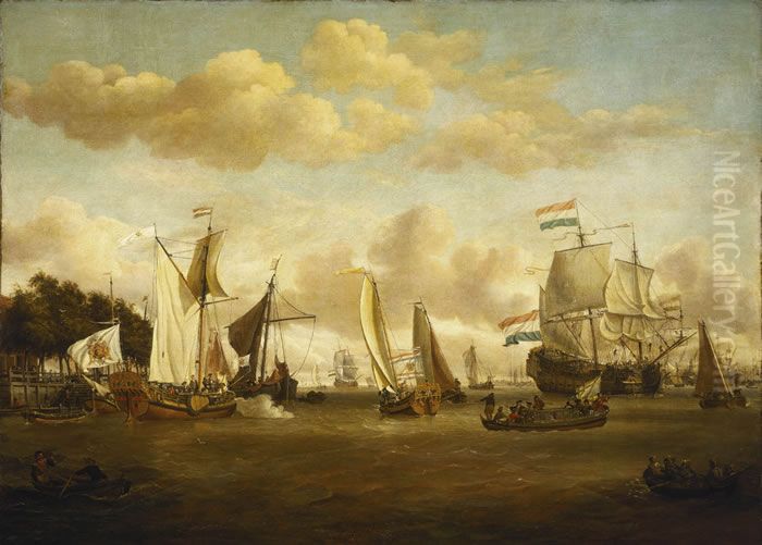 A Dutch Yacht on the River Y Oil Painting by Abraham Storck