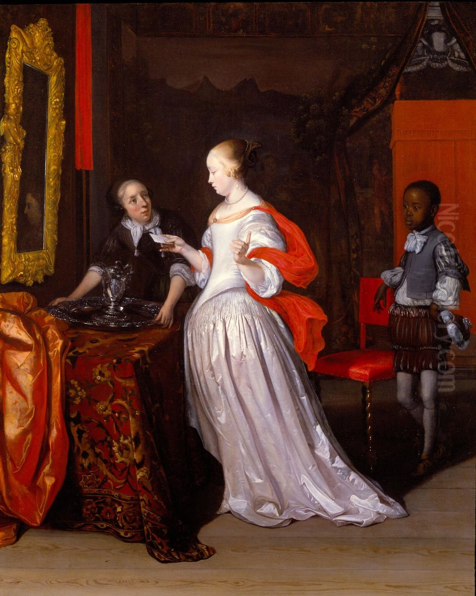 Young woman with a letter and two servants in a distinguished interior Oil Painting by Eglon van der Neer