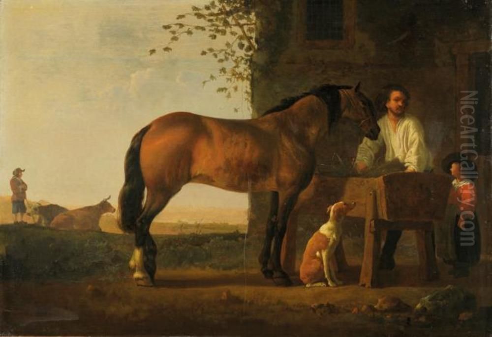 Brown horse standing by a trough Oil Painting by Abraham Van Calraet