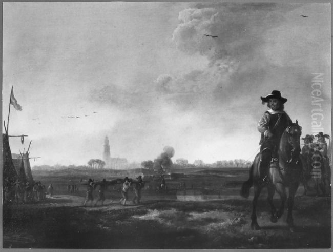 Landschap met de belegering van Breda (1637); rechts op de voorgrond Frederik Hendrik Oil Painting by Aelbert Cuyp