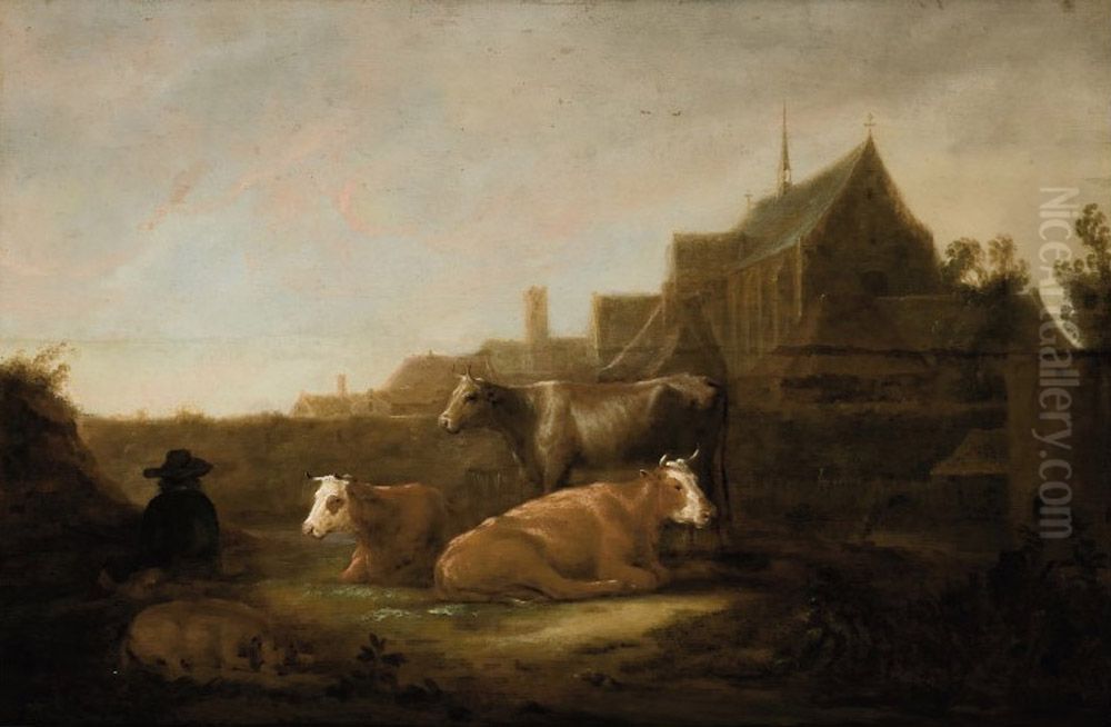 A herdsmen in a field, the Duitse Huis in Utrecht beyond Oil Painting by Aelbert Cuyp