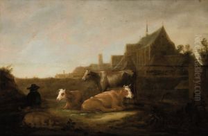 A herdsmen in a field, the Duitse Huis in Utrecht beyond