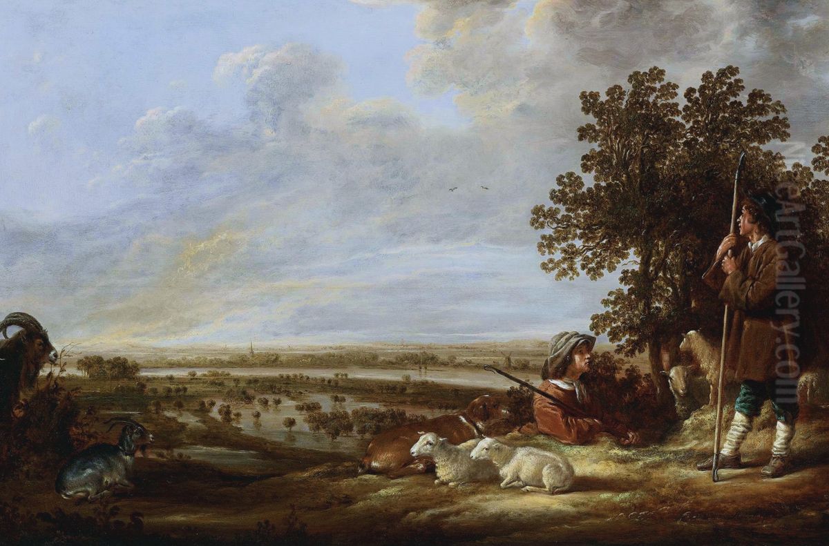 Landschap met twee herders en hun dieren; op de achtergrond gezicht op overstroomde uiterwaarden van een rivier Oil Painting by Aelbert Cuyp