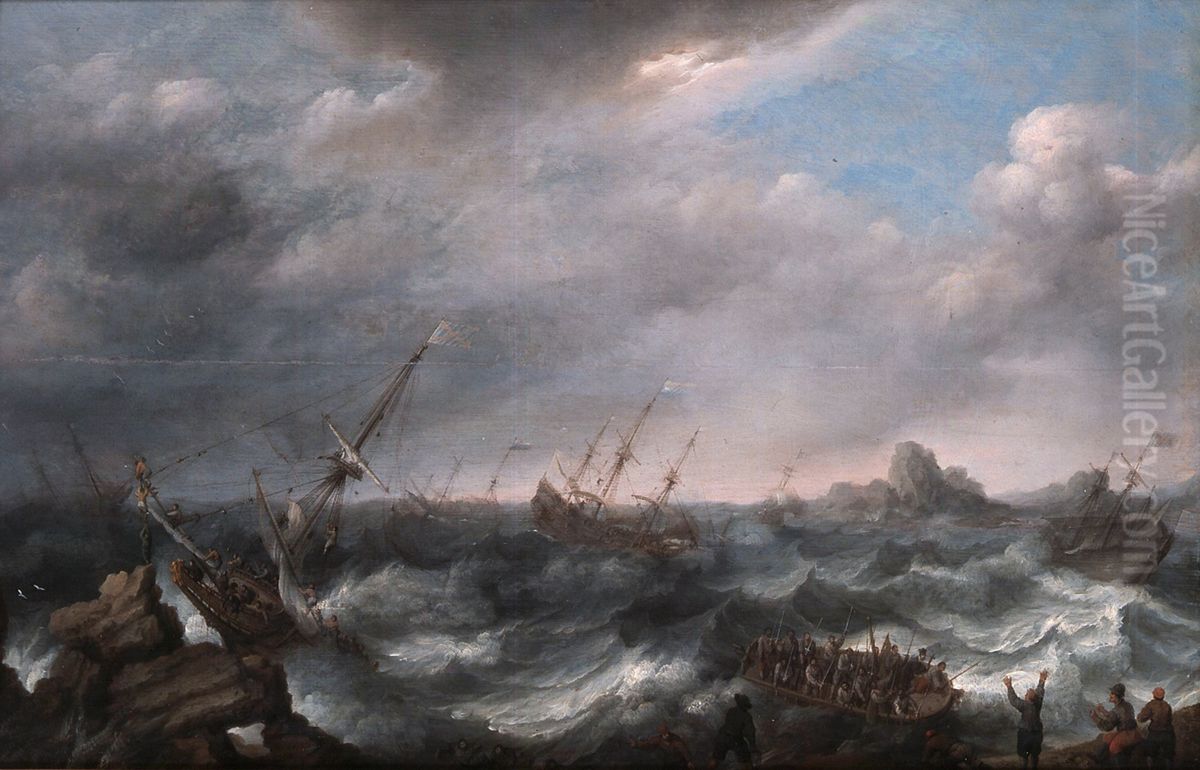 Shipwrecked on a stormy sea. Oil Painting by Adam Willaerts