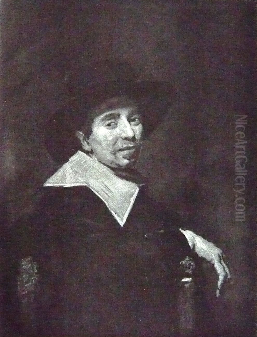 Portrait of a man in a hat leaning over the back of a chair Oil Painting by Frans Hals