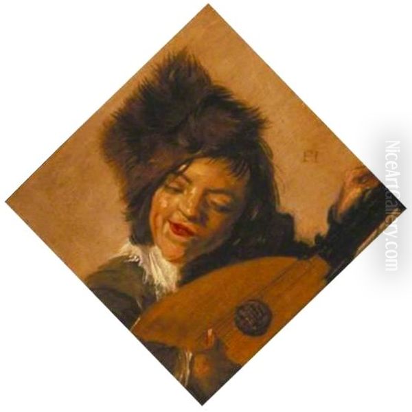 Young lute player with a fur cap Oil Painting by Frans Hals