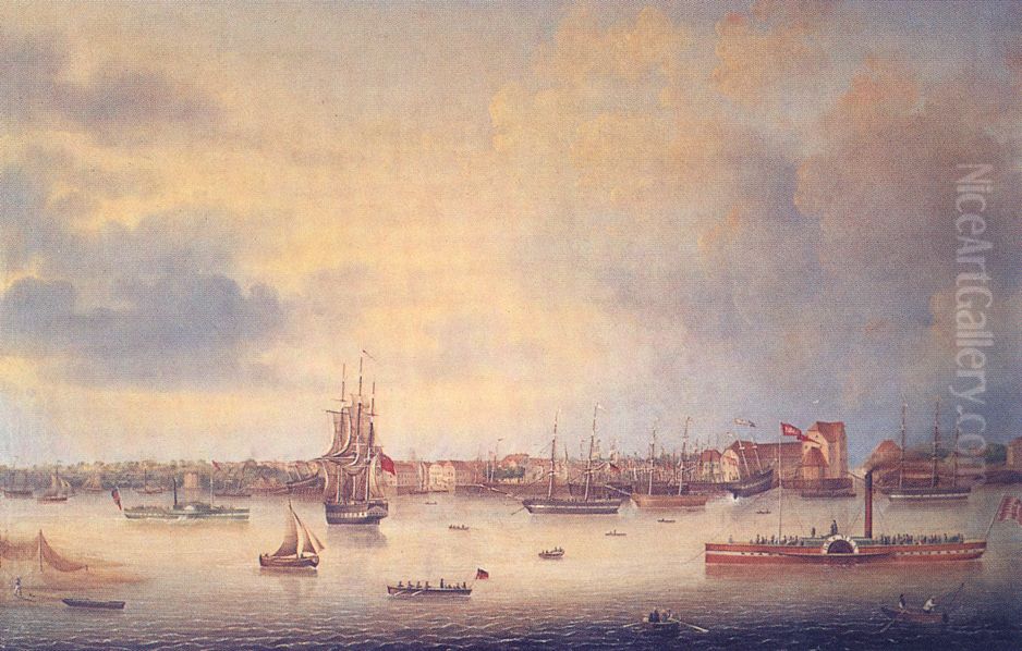 View of Vegesack (Bremen), Germany, at the river Weser in the year 1847. Oil Painting by Carl Justus Harmen Fedeler