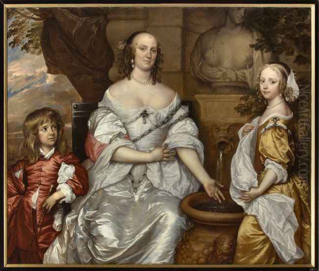 Family portrait of Maria van Reigersberg (1628-1673) en haar kinderen Jacoba van Liere (1652-1693) en Willem van Liere (1653-1706) Oil Painting by Adriaen Hanneman