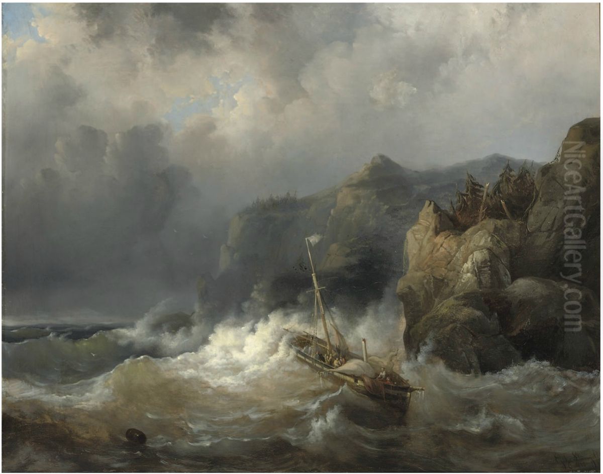A shipwreck of a rocky coast Oil Painting by Egide Linnig