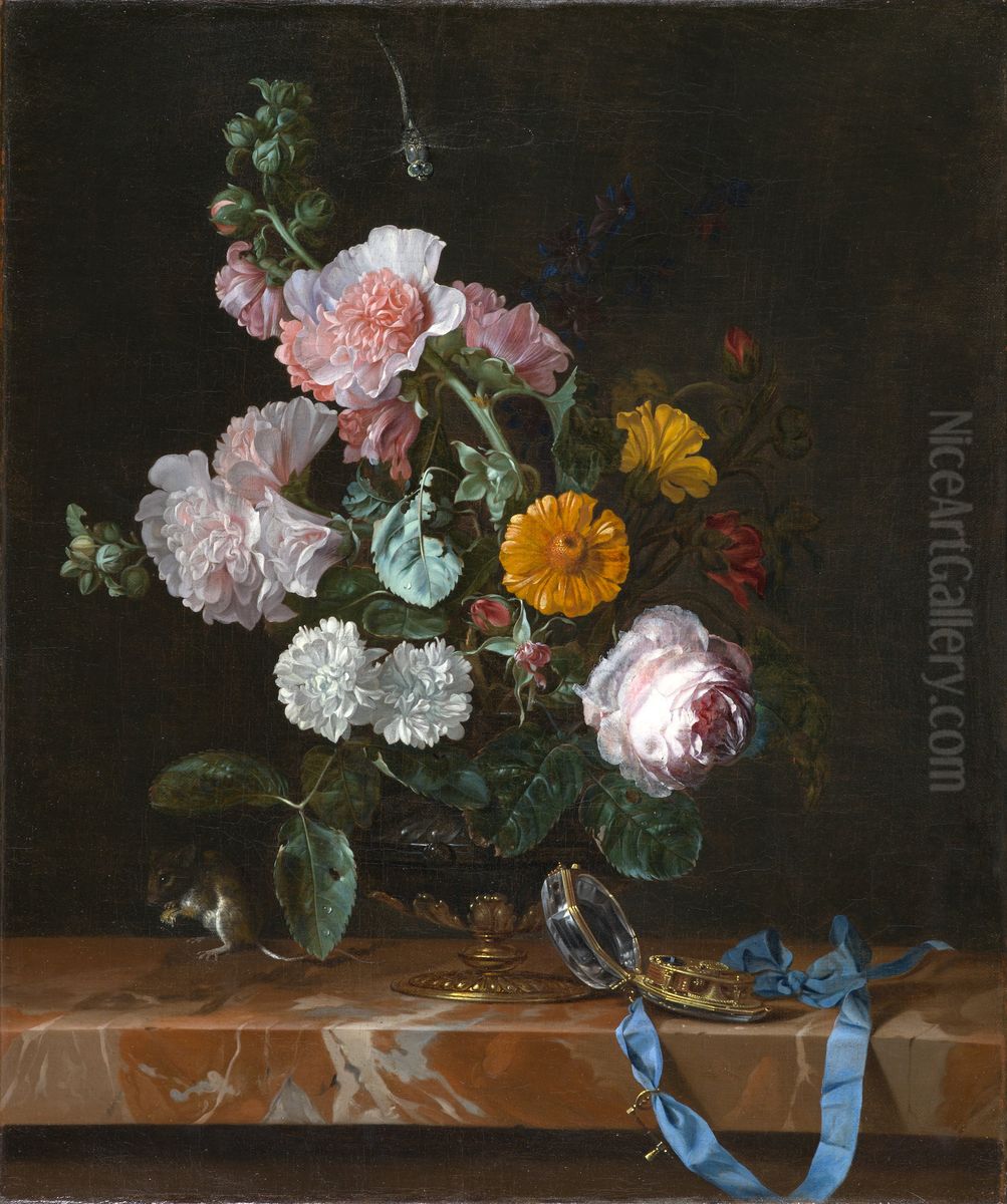 Flowers in a glass vase with bronze mounted foot, a mouse and a watch, on a marble ledge Oil Painting by Willem Van Aelst