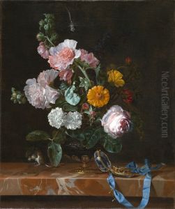 Flowers in a glass vase with bronze mounted foot, a mouse and a watch, on a marble ledge