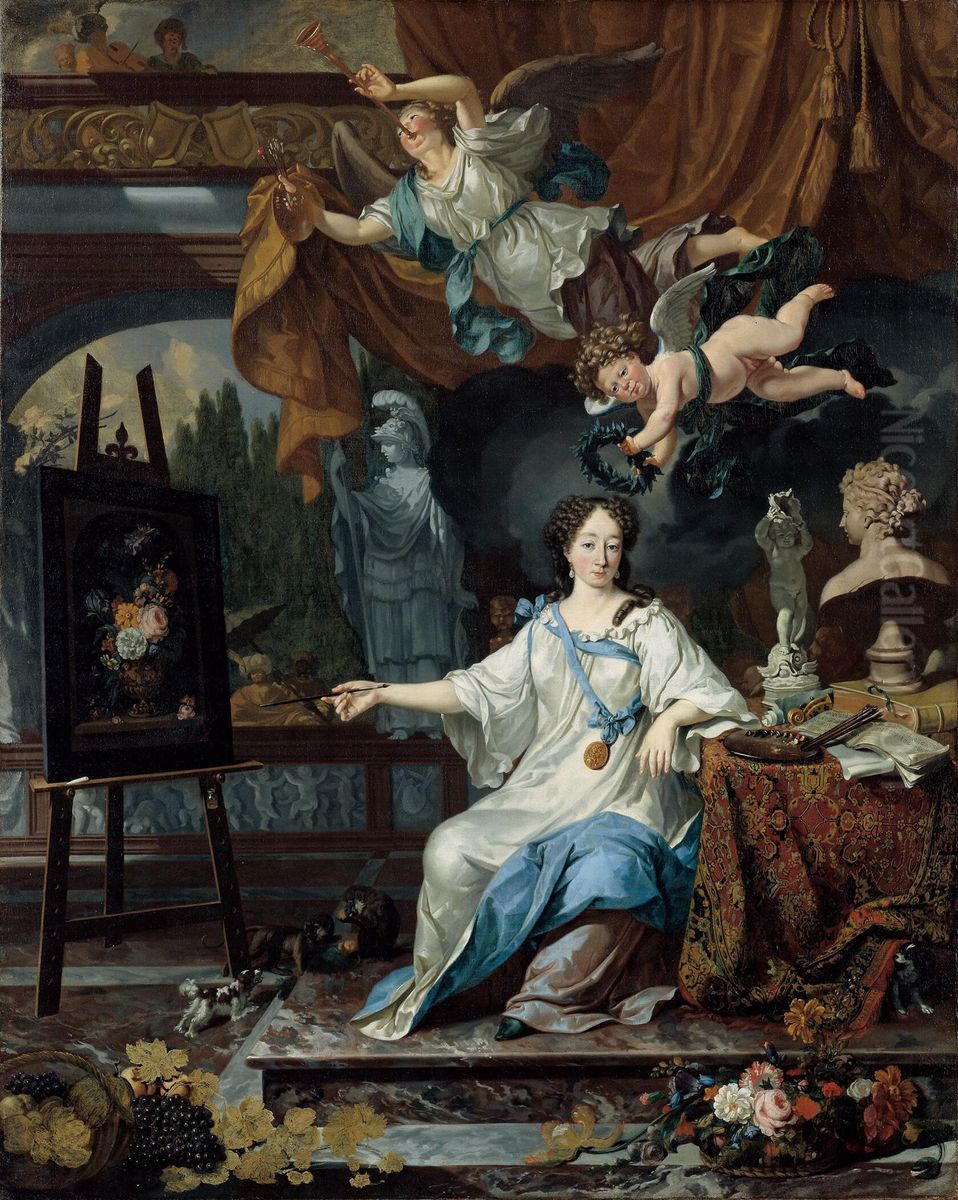 Allegorical portrait of a woman, probably Rachel Ruysch (1664-1750) Oil Painting by Michiel van Musscher