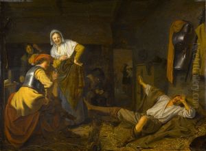 Stable interior with a soldier waking up and smiling onlookers
