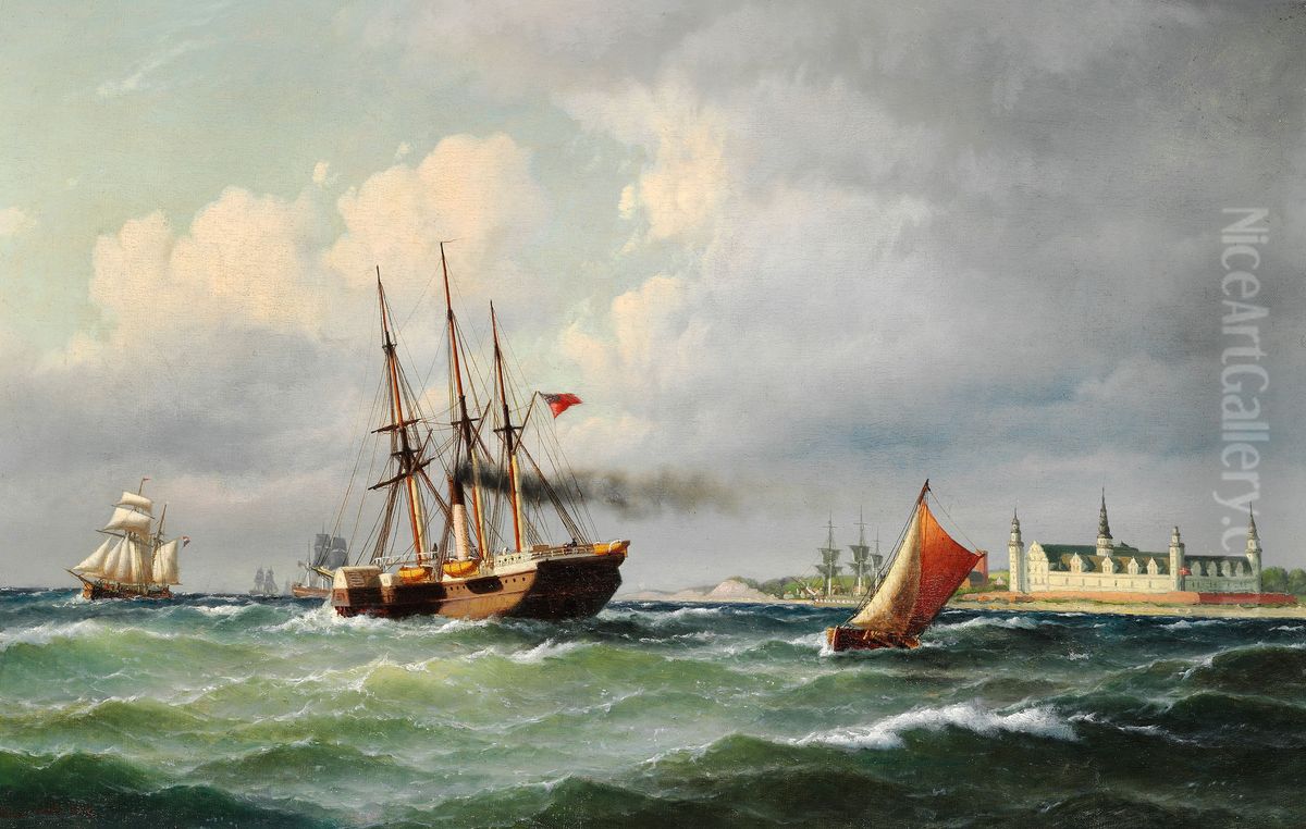 Marinemaleri pa Kronborg med talrige skibe og en pilot bad Oil Painting by Carl Bille