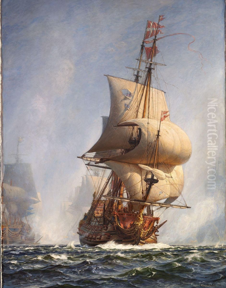 The breakthrough in the Battle of Koge Bay on July 1st 1677. In the foreground the flagship Christianus Qvintus) Oil Painting by Christian Molsted