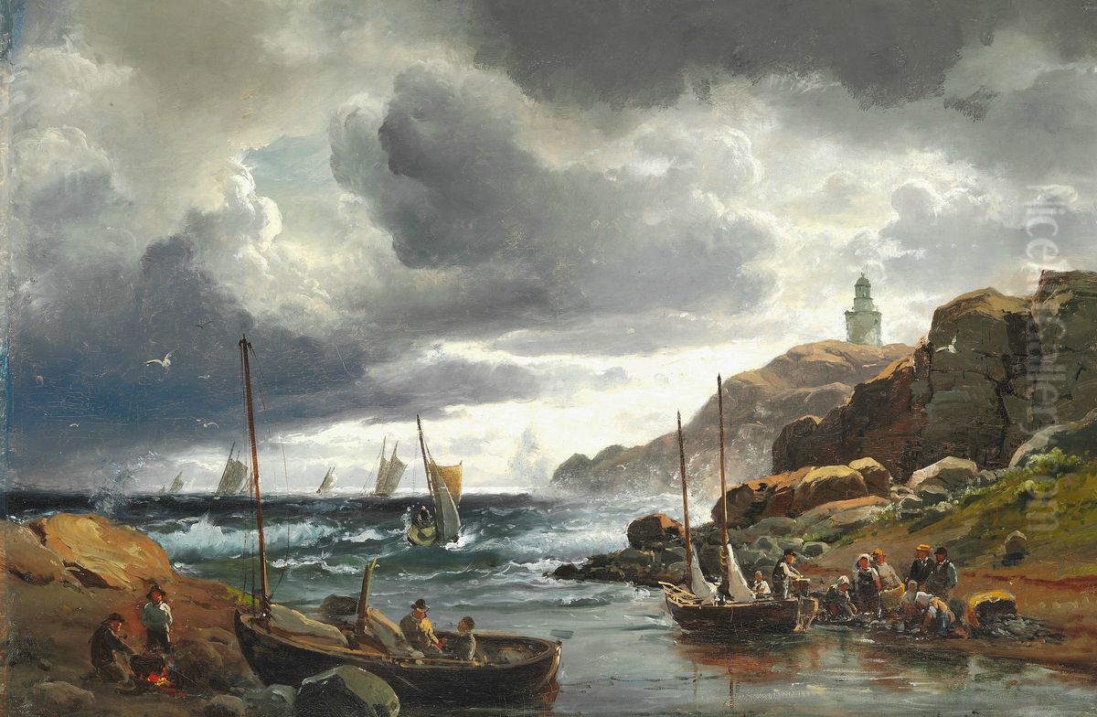 Gathering storm off the coast at Vinga lighthouse at Gothenburg Oil Painting by Carl Frederik Sorensen
