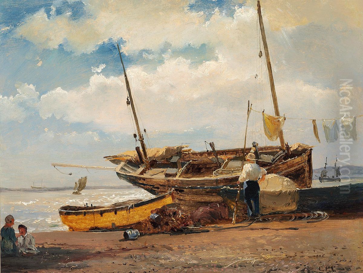 Strandparti med to bade trukket op pa land, hvor vasketojet haenger til torre. Oil Painting by Carl Frederik Sorensen