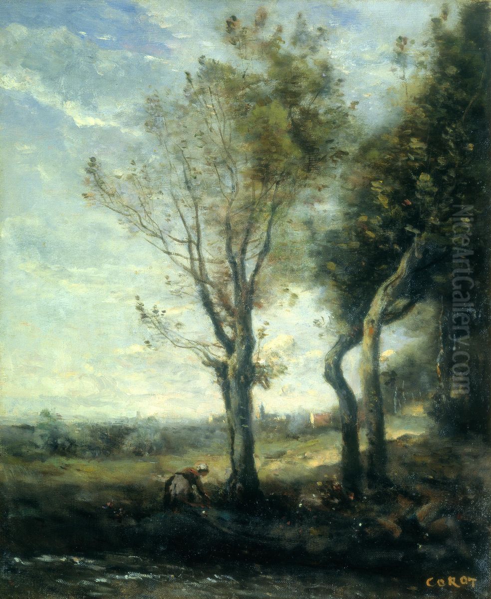 The Four Trees by the Plain Oil Painting by Jean-Baptiste Camille Corot