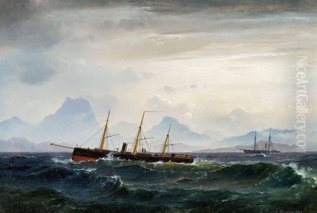 Seascape with steam- and sailing ships Oil Painting by Carl Frederik Sorensen