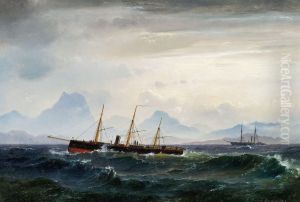 Seascape with steam- and sailing ships