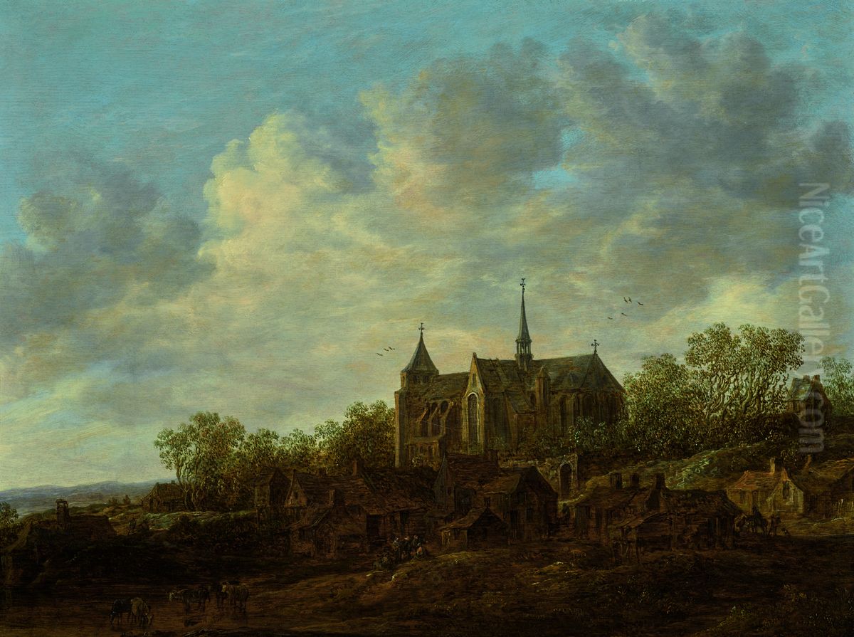 View of a village with a large Gothic church Oil Painting by Jan van Goyen