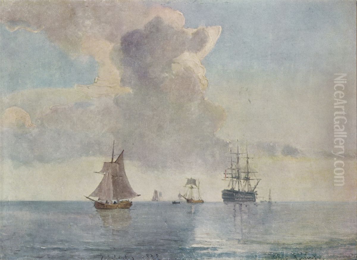 A ship of the line anchored and surrounded by smaller vessels Oil Painting by Carl Frederik Sorensen