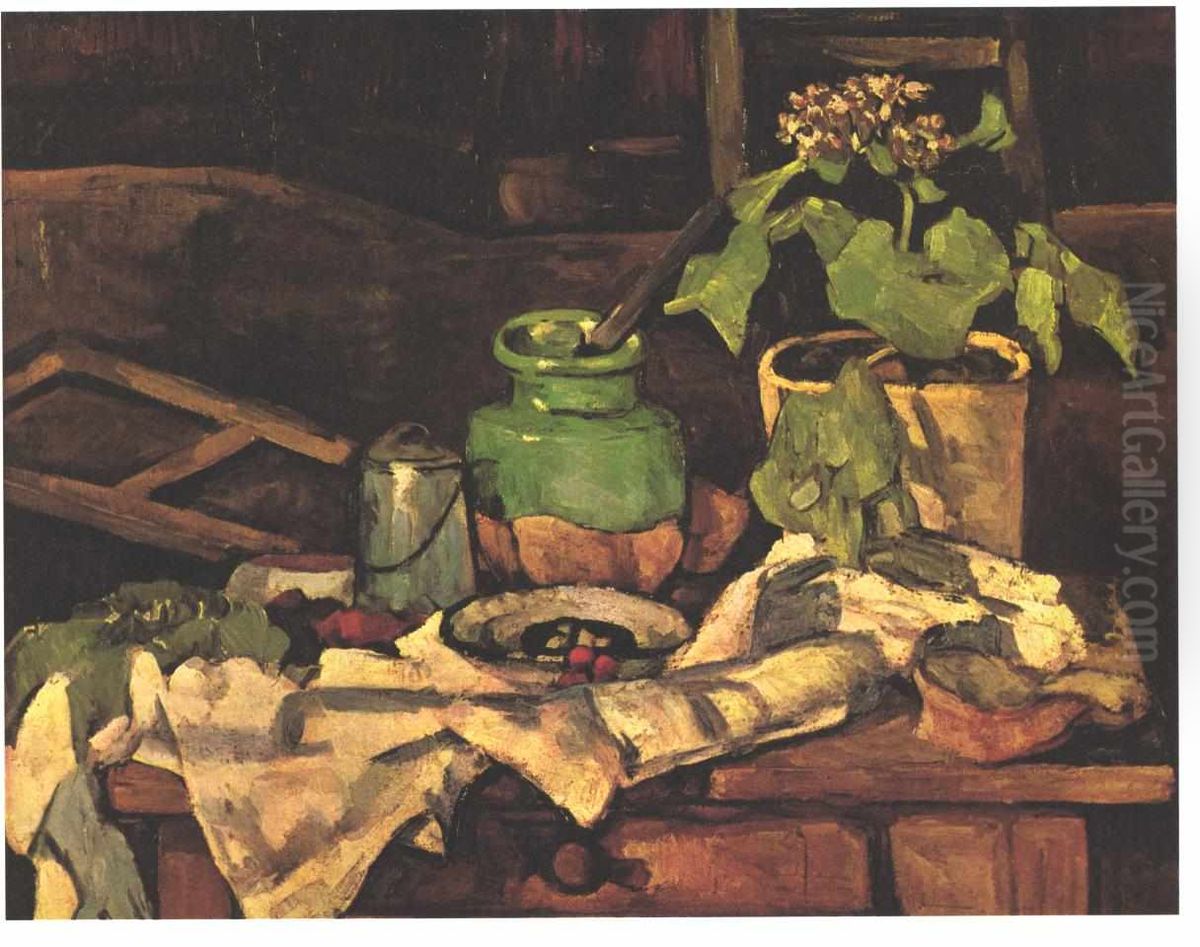 Pot de fleurs sur une table Oil Painting by Paul Cezanne