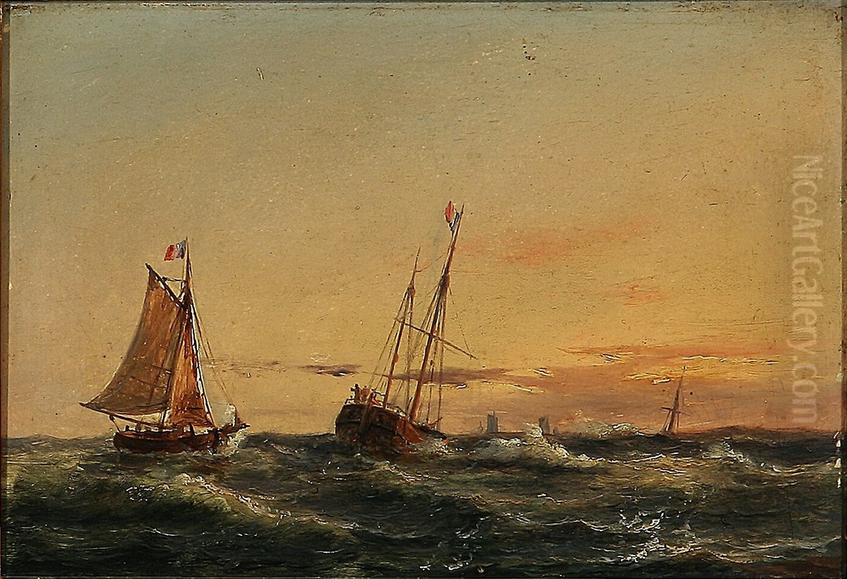 French sailing ships in the sunset. Oil Painting by Carl Frederik Sorensen