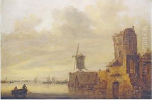 River landscape with a ruin and a mill