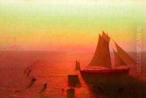 A Ship on the Sea surrounded by delphins