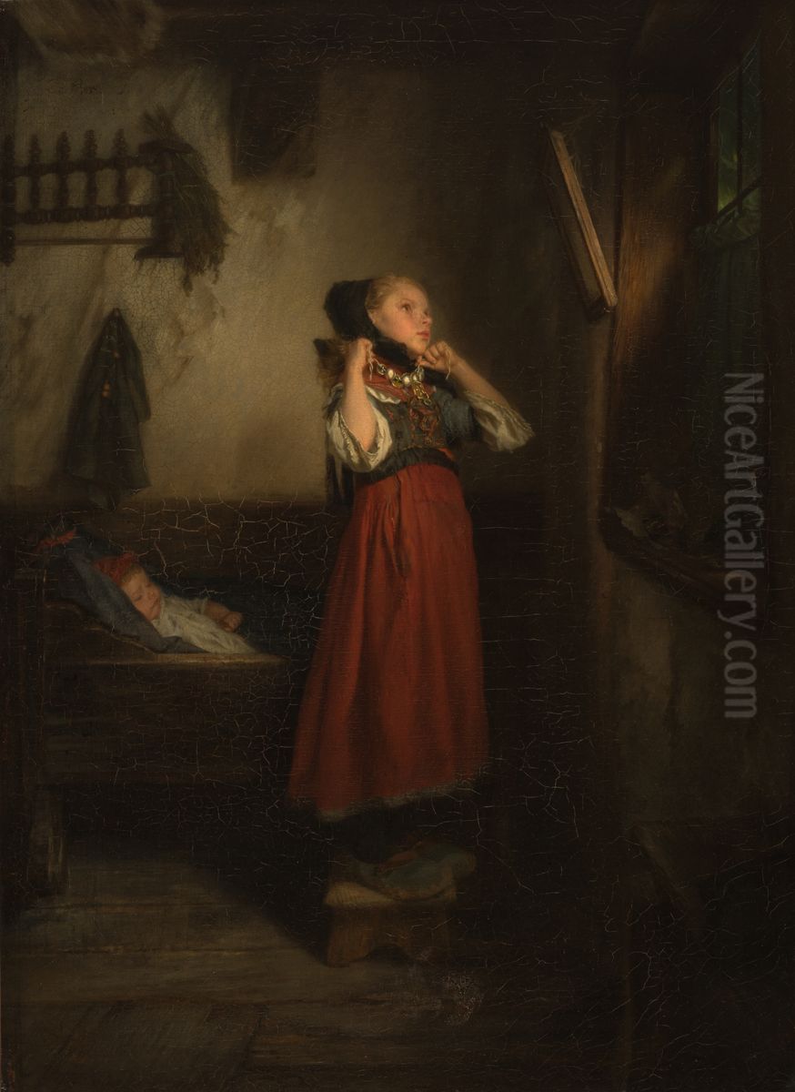 Selske devce pred zrcadlem Oil Painting by Quido Manes
